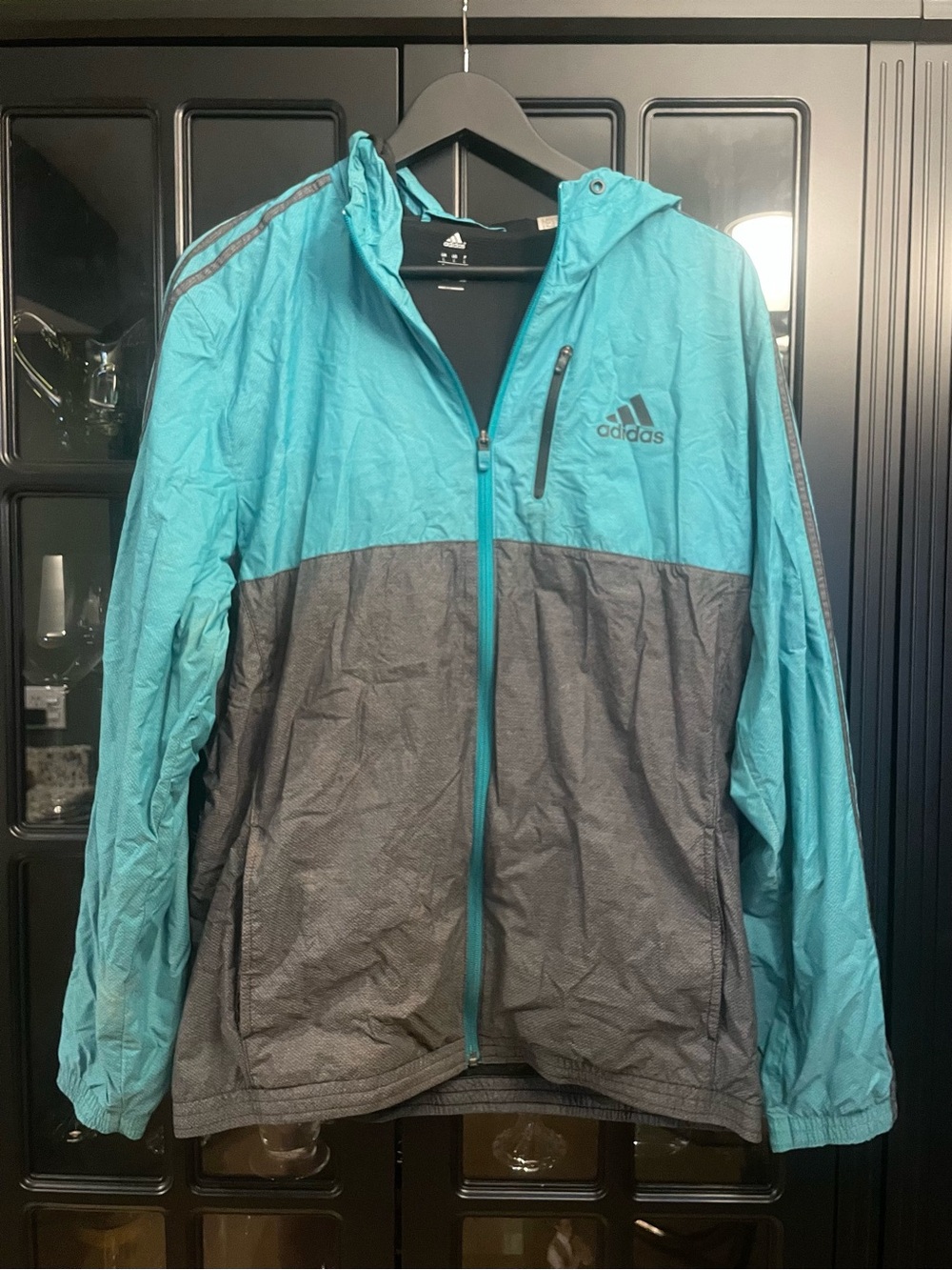 Adidas Men's Teal and Gray Colorblock Hooded Windbreaker
